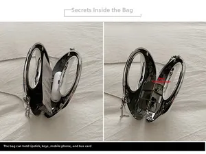 Detailed interior of silver metallic oval clutch showing black lining and chain strap