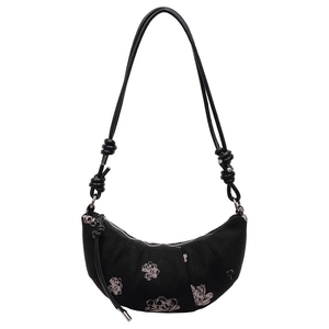 Chic black croissant bag featuring pink floral print and knot shoulder strap detail