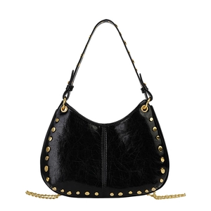 Black leather hobo bag with gold studs and chain detail for women's punk style