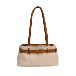 Large capacity vintage beige woven tote bag with brown leather straps and silver buckle detail