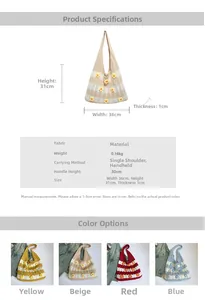 Detailed chart showing woven tote bag dimensions of 36x31cm and floral knit material