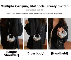 Silver metallic crescent bag detail showing shoulder, crossbody, and handheld styles