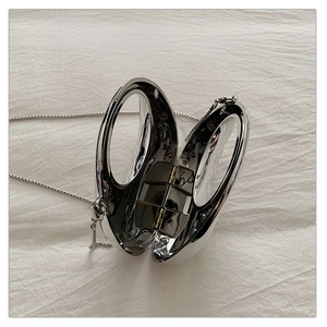 Macro view of silver acrylic bag with magnetic clasp and metal chain link detail