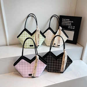 Gingham Tote Bag Damen Große Kapazität V-Ausschnitt Canvas Schultertasche Unterachseltasche Mit Band Dekor Mode