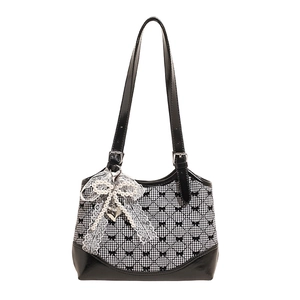 Plaid underarm tote bag with butterfly embroidery and pearl heart pendant