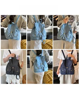 Collage of model wearing denim backpacks in light and dark blue tones for daily commute