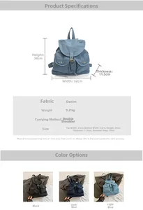 Detailed size specifications and color comparison for this denim canvas backpack