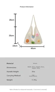 Detailed size chart for a woven tote bag with 3D crochet flowers and dimensions