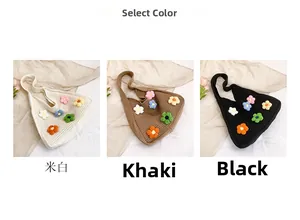 Three color variants of hand-knitted tote bags with 3D floral accents in soft knit texture