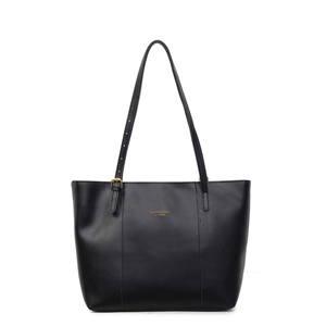 Classic black leather tote bag for women with gold logo and adjustable shoulder strap
