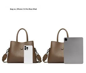 Litchi pattern leather bag size comparison with tablet and phone for daily capacity