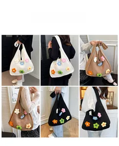 Trio of woven tote bags with colorful 3D flowers shown from multiple angles
