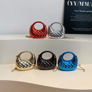 Mini Evening Handbag Quilted PVC Metallic Glossy Round Handle Metal Chain Strap Crossbody Bag For Women Fashion