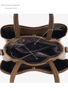 Internal structure of the brown leather handbag with zipper pockets and compartments
