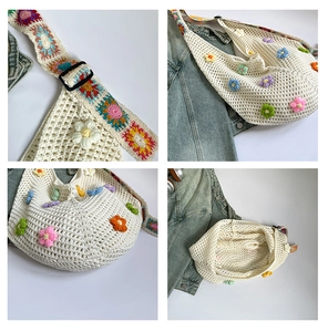 Detailansicht der weißen Häkeltasche mit bunten 3D-Strickblumen und floralem Schultergurt