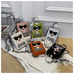 Trendy Women Box Crossbody Bag PU Leather Art Portrait Rhinestone Design Satin Scarf Handle Metal Chain Strap