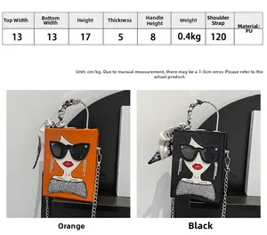 Size chart and dimensions for the cartoon print PU leather handbag with silk scarf handle