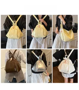 Collage of glossy patent leather backpacks in yellow, silver and brown with cute charms