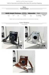 Detailed size specifications and three-color options for the vintage camera crossbody bag