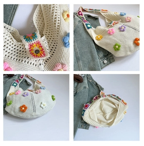 Detail of white crochet tote bag showing 3D floral accents and ethnic strap pattern