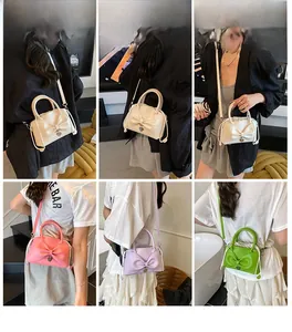 Fashion mini bow crossbody bag shown in four colors on models in daily lifestyle settings