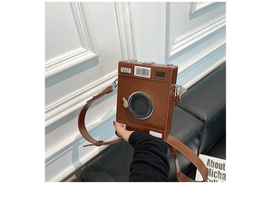 Detailed view of the vintage camera-shaped crossbody bag with realistic dial and lens details