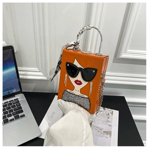 Chic orange box handbag with cartoon girl print and silk scarf wrapped metal handle
