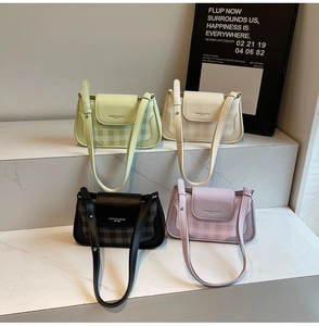 Detailed display of four plaid crossbody bags in green, beige, black, and light purple colors