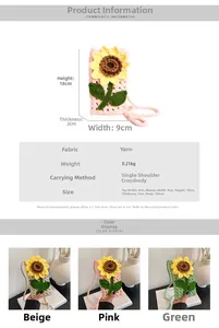 Détails de la texture tricotée et dimensions du sac bandoulière tournesol au crochet