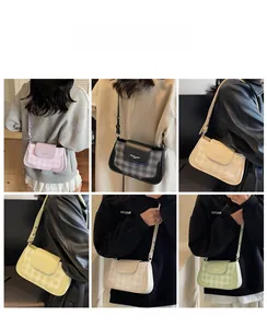 Checkerboard pattern crossbody bag shown in six vibrant colors on a female model