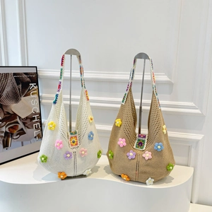 Handwoven Crochet Shoulder Bag With Colorful Floral Applique Bohemian Hollow Out Large Capacity Tote For Women
