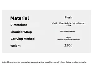 Detailed size chart and specifications for the plush leopard print crossbody bag