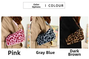 Detailed look of trendy leopard print plush bags in pink, grey-blue, and dark brown colors