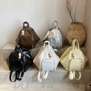 Fashion Backpack Women Large Capacity Geometric PU Leather Glistening Shoulder Bag With Cute Cartoon Pendant Chic Daily