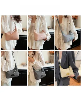 Collage of chic woven shoulder bags in multiple colors shown on models with pearl charm