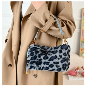 Detail of blue leopard print faux fur handbag with light blue strap and gold hardware