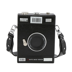 Creative black vintage camera shaped shoulder bag with textured faux leather and strap