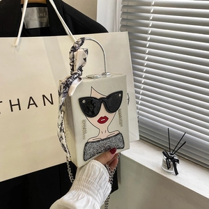 White box-shaped handbag with stylish female portrait, silk scarf handle, and chain strap