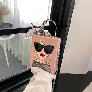 Pink box handbag with pop art girl print, silk scarf handle and silver chain strap