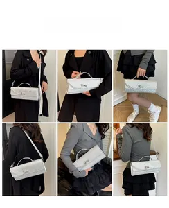 Collage di borse a tracolla argento a scacchi indossate da modelle con vari outfit
