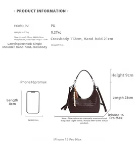 Size chart for large woven PU leather bag with detailed dimensions and weight information