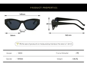 Detailed size chart for retro cat eye sunglasses showing frame dimensions and PC material specs