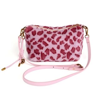 Pink leopard print faux fur shoulder bag with plush texture and adjustable leather strap