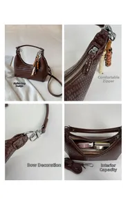 Detailed views of dark brown woven crescent bag with metal zipper and interior storage
