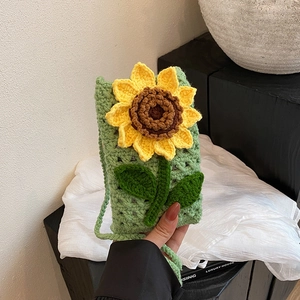 Sac à bandoulière en tricot vert avec détail tournesol 3D pour femmes