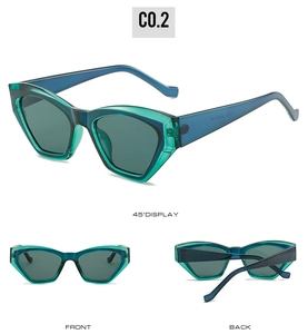 Three-angle views showing front, back, and side of emerald green cat-eye sunglasses