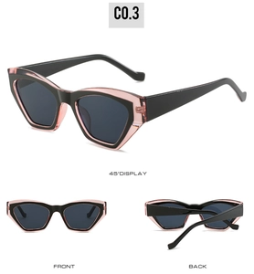 Three perspectives of black and pink cat-eye sunglasses with thick temples and gray lenses