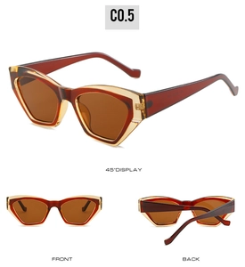 Three-view display of brown tortoiseshell geometric cat-eye sunglasses with dark lenses