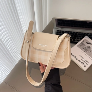 Cream vintage checkered underarm bag for women with shoulder strap and plaid design