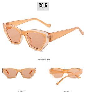 Detailed multi-angle view of amber orange geometric cat eye sunglasses with clear frames